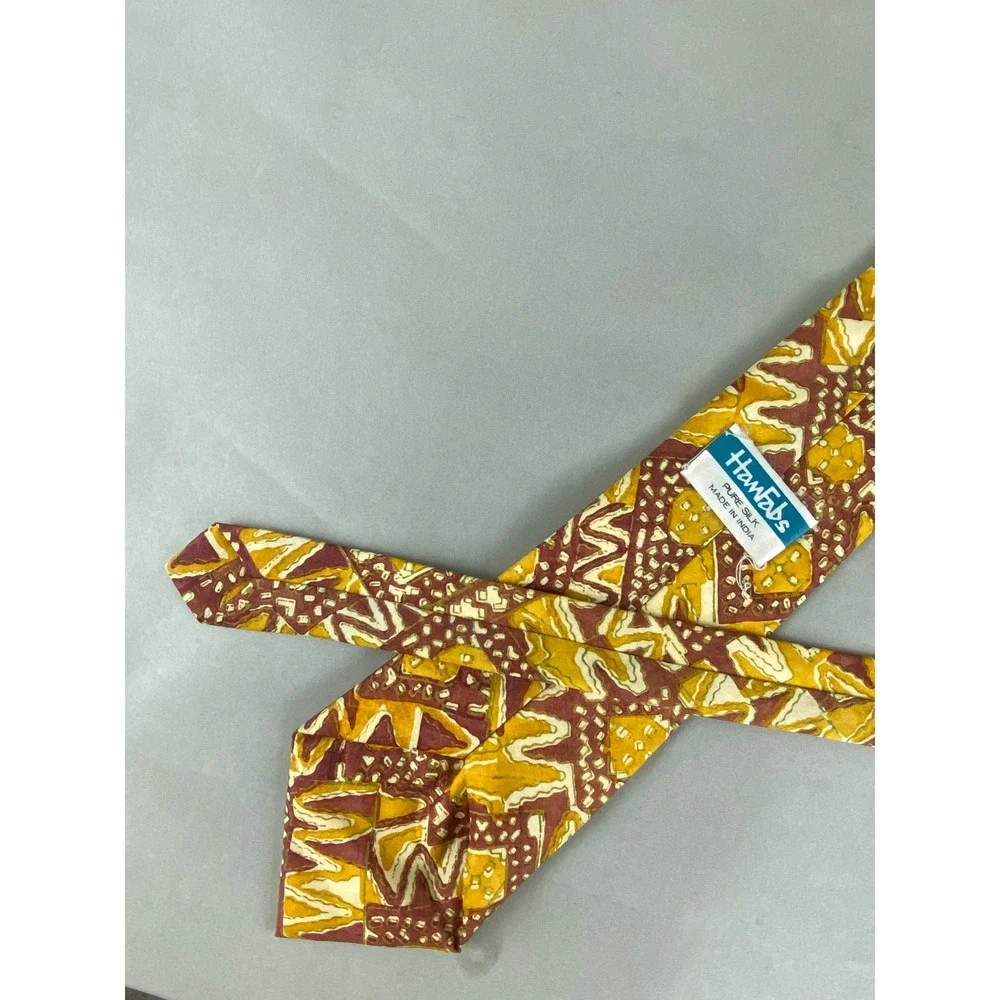 HanFabs Mens Silk Tie Batik Geometric Yellow Brown Rust Tribal Artsy Tribal 56x4